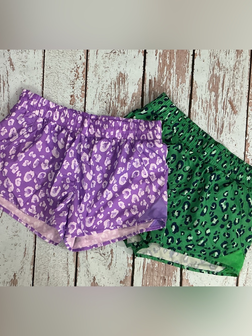 all in motion Women’s Leopard Print Active Shorts in Purple and Green
